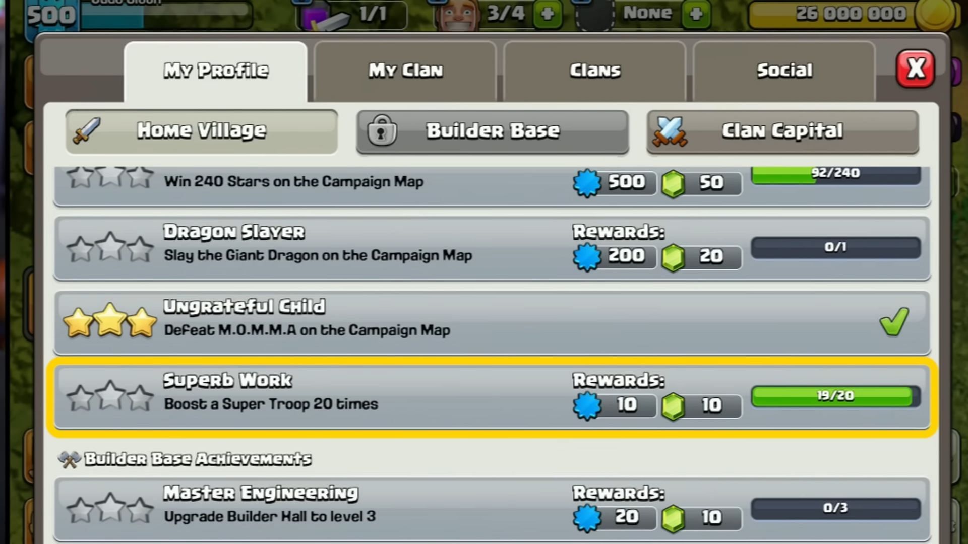 Home Village achievement section (Image via YouTube/Judo Sloth 2 // Supercell)